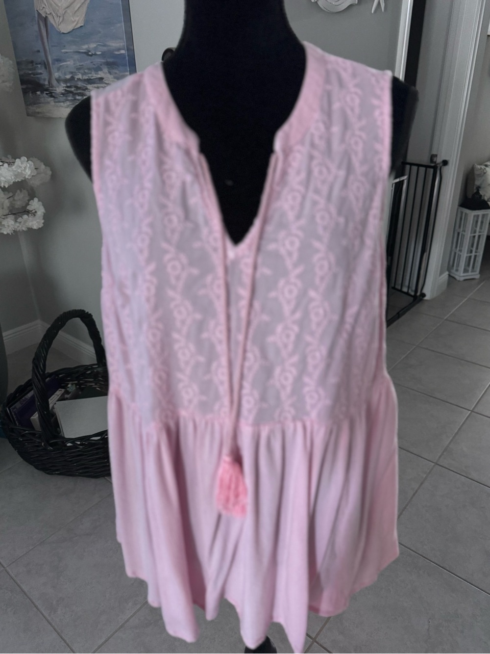 torrid Pink Sleeveless Lace-Trim Tunic with Tassel Tie